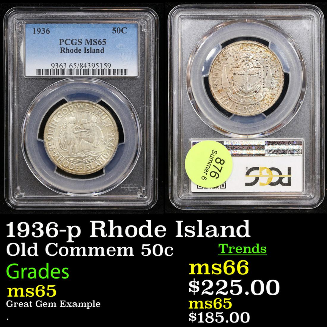 PCGS 1936-p Rhode Island Old Commem Half Dollar 50c Graded ms65 By PCGS (1 of 3)