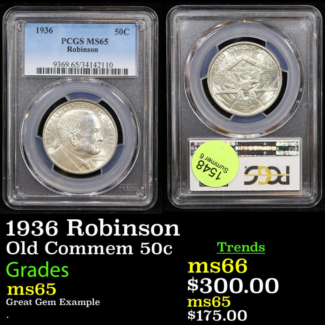 PCGS 1936 Robinson Old Commem Half Dollar 50c Graded ms65 By PCGS (1 of 3)