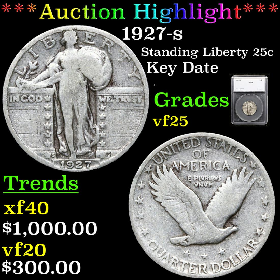 ***Auction Highlight*** 1927-s Standing Liberty Quarter 25c Graded vf25 By SEGS. (1 of 5)