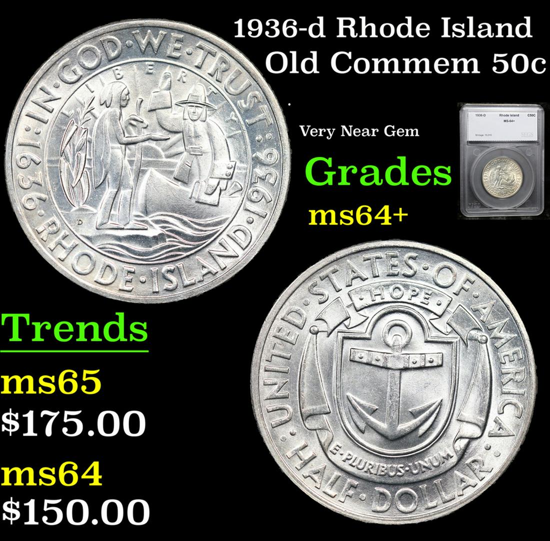 1936-d Rhode Island Old Commem Half Dollar 50c Graded ms64+ BY SEGS (1 of 5)