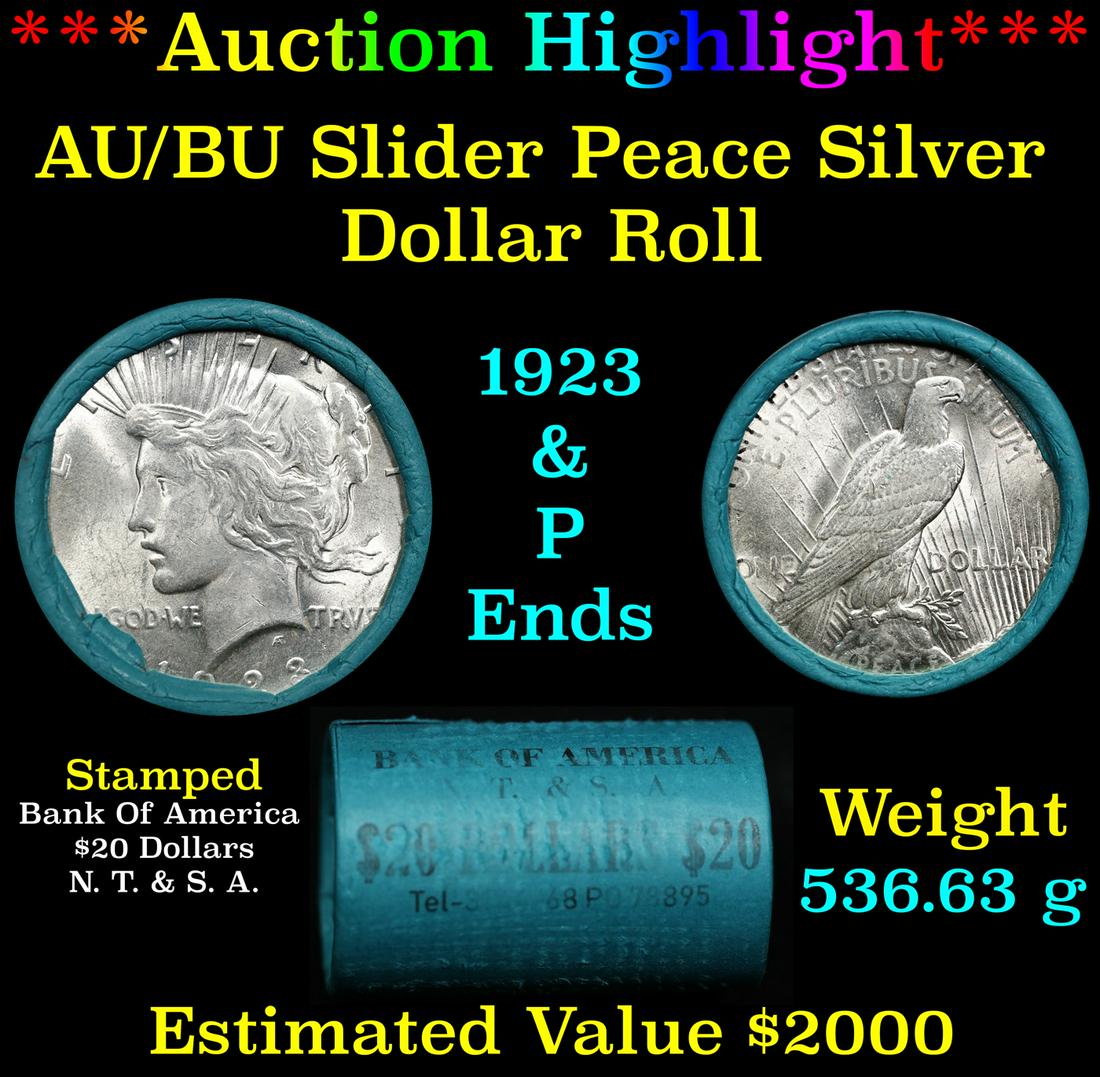 ***Auction Highlight*** AU/BU Slider Bank Of America Peace $1 Roll 1923 & P Ends Virtually UNC (fc) (1 of 4)