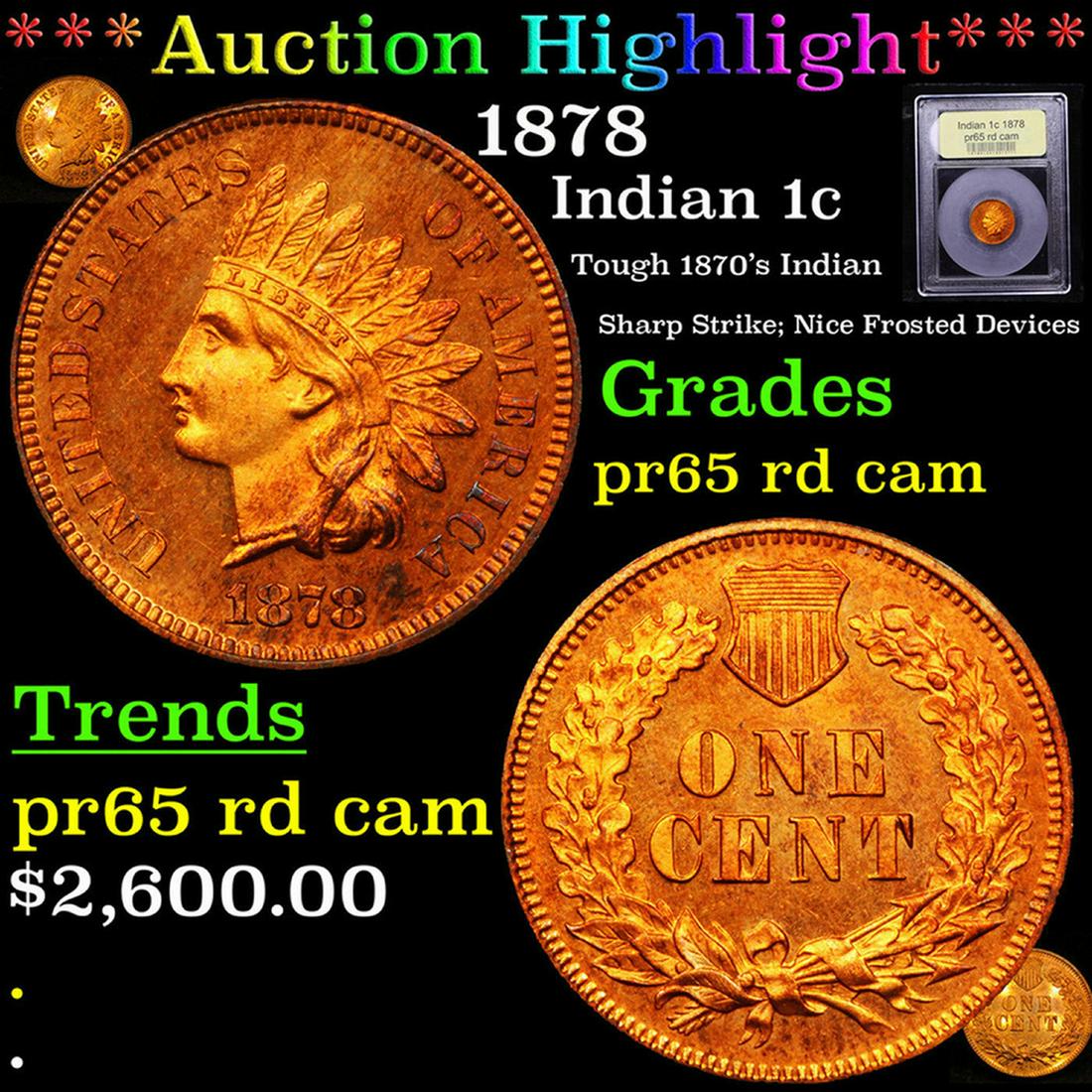 Proof ***Auction Highlight*** 1878 Indian Cent 1c Graded Gem Proof Red Cameo By USCG (fc) (1 of 7)
