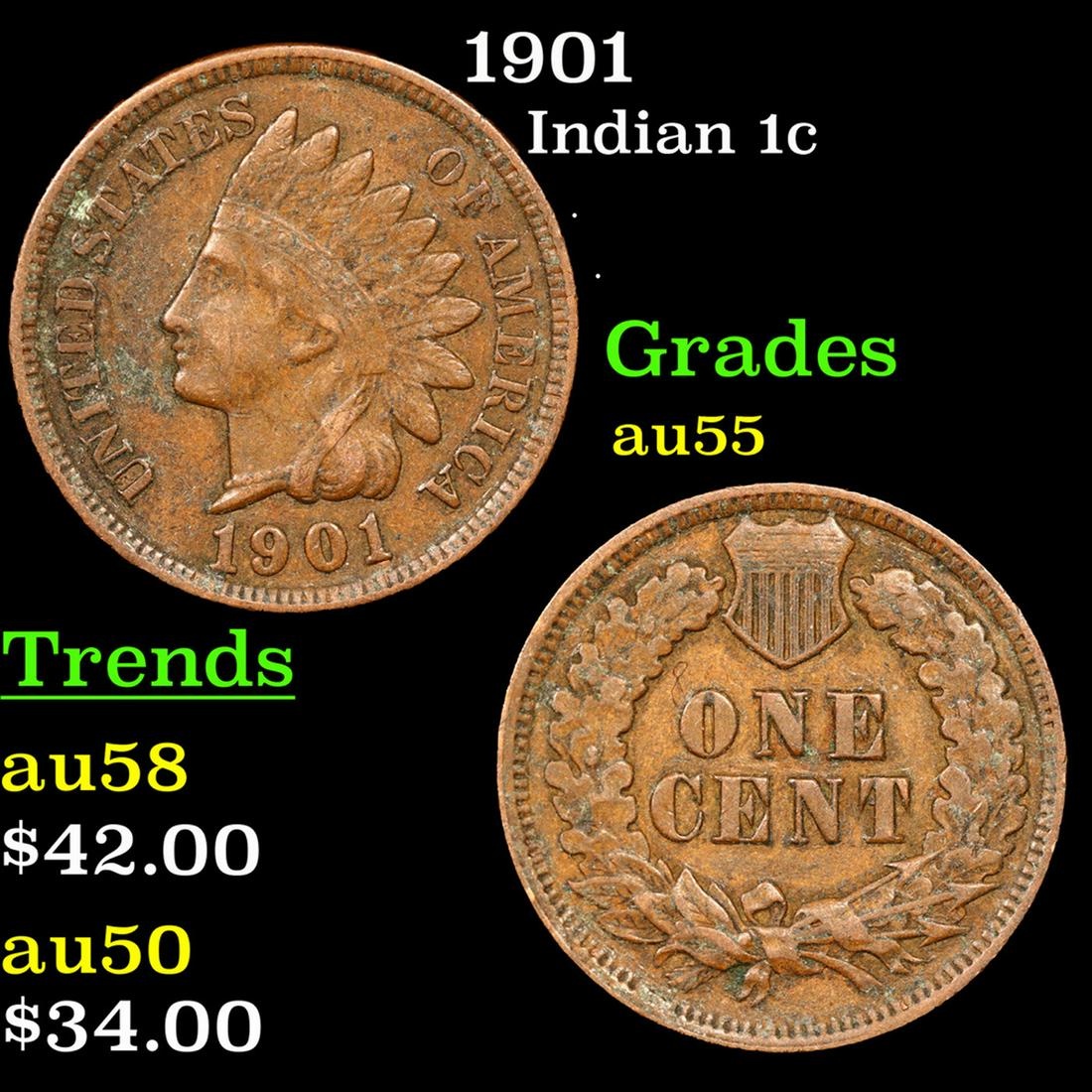 1901 Indian Cent 1c Grades Choice AU (1 of 3)