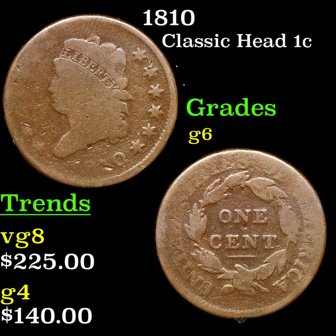 1810 Classic Head Large Cent 1c Grades g+ (1 of 3)