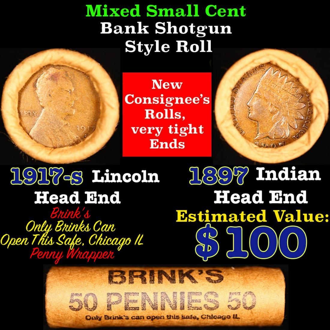 Mixed small cents 1c orig shotgun roll, 1917-s Wheat Cent, 1897 Indian Cent other end, brinks (1 of 4)