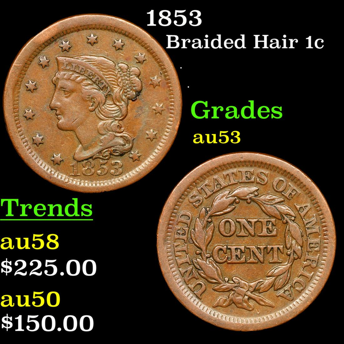 1853 Braided Hair Large Cent 1c Grades Select AU (1 of 3)