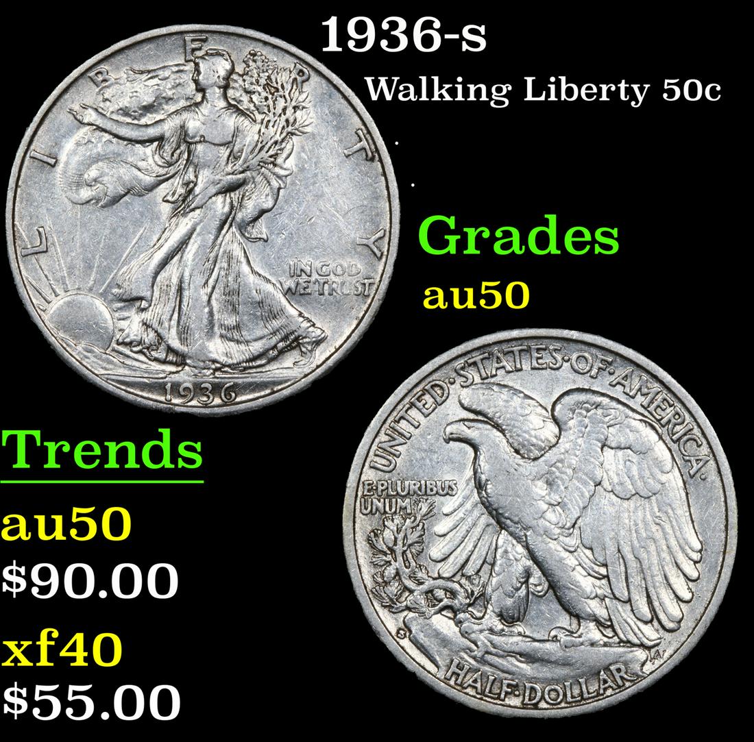 1936-s Walking Liberty Half Dollar 50c Grades AU, Almost Unc (1 of 3)