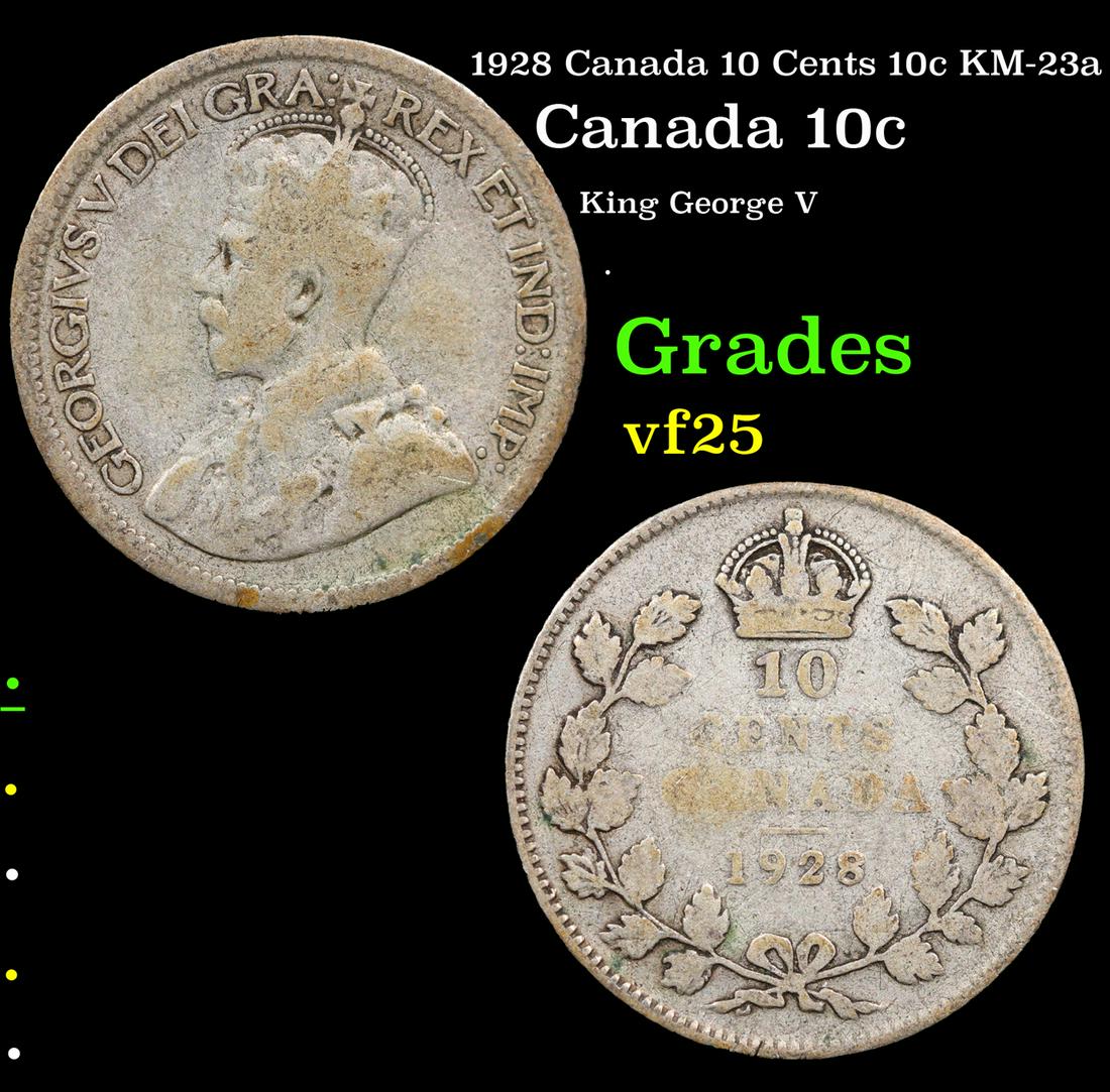 1928 Canada 10 Cents 10c KM-23a Grades vf+: 1928 Canada 10 Cents 10c KM-23a Grades vf+. King George V (George Frederick Ernest Albert; 3 June 1865 â€“ 20 January 1936) was King of the United Kingdom and the British Dominions, and Emperor o