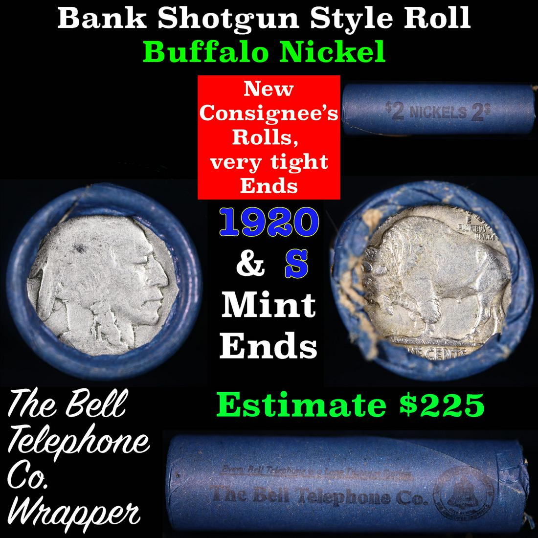 Buffalo Nickel Shotgun Roll in Old Bank Style 'Bell Telephone' Wrapper 1920 & s Mint Ends: Buffalo Nickel Shotgun Roll in Old Bank Style 'Bell Telephone' Wrapper 1920 & s Mint Ends Roll