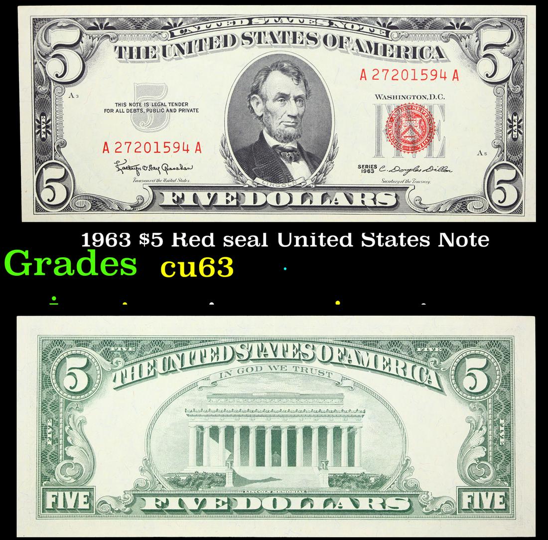 1963 $5 Red seal United States Note Grades Select CU (1 of 3)