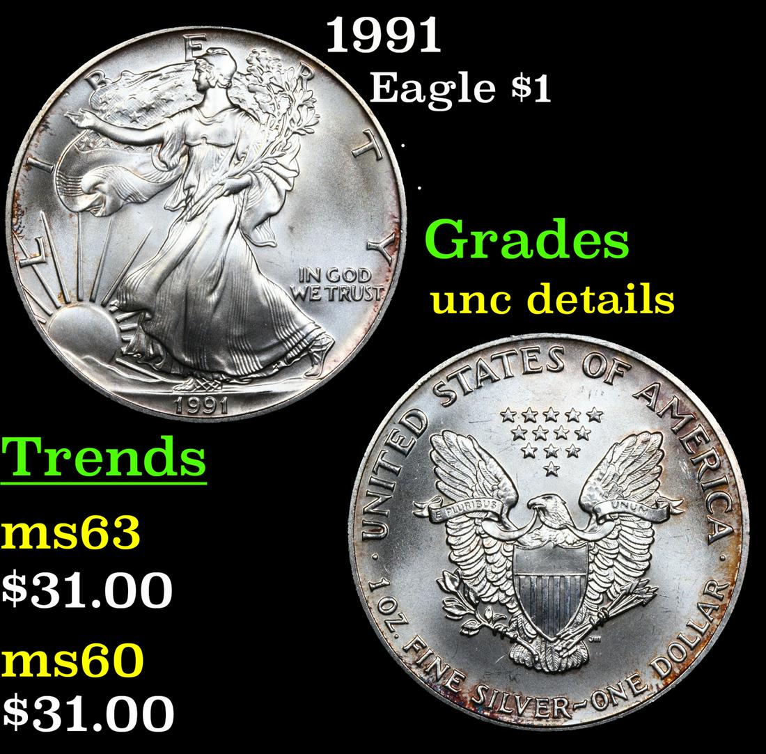 1991 Silver Eagle Dollar $1 Grades Unc Details (1 of 3)