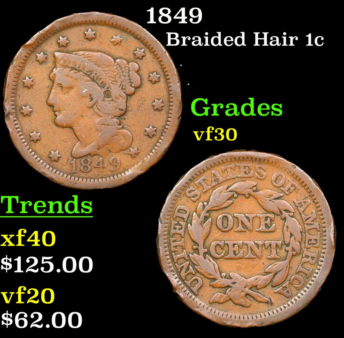 1849 Braided Hair Large Cent 1c Grades vf++ (1 of 3)