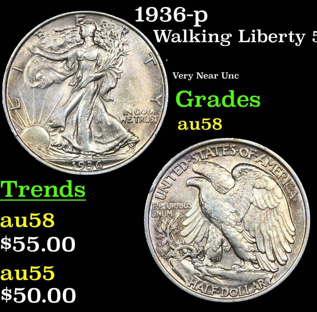 1936-p Walking Liberty Half Dollar 50c Grades Choice AU/BU Slider (1 of 3)
