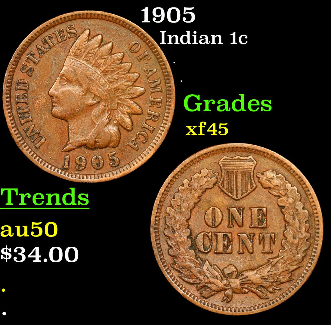 1905 Indian Cent 1c Grades xf+ (1 of 3)