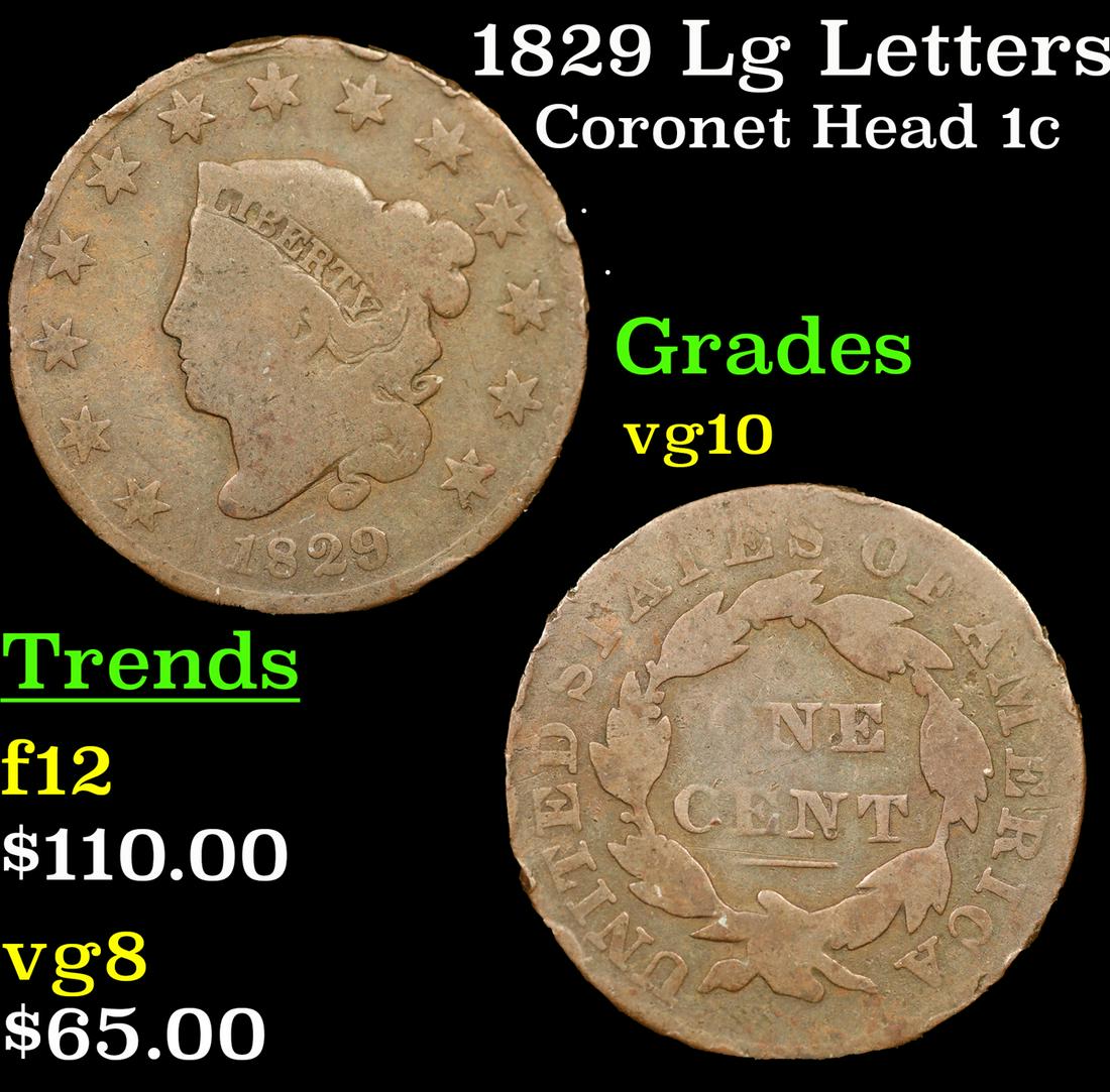1829 Lg Letters Coronet Head Large Cent 1c Grades vg+ (1 of 3)