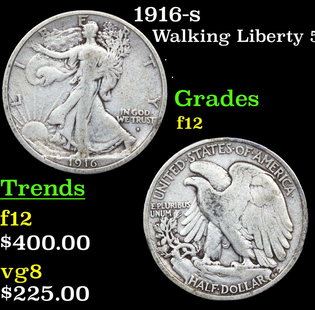 1916-s Walking Liberty Half Dollar 50c Grades f, fine (1 of 3)