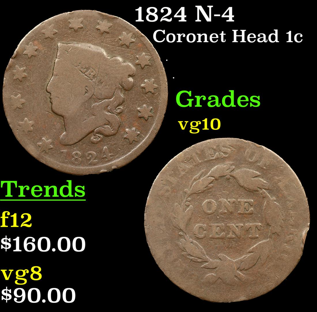 1824 Coronet Head Large Cent N-4 1c Grades vg+ (1 of 3)