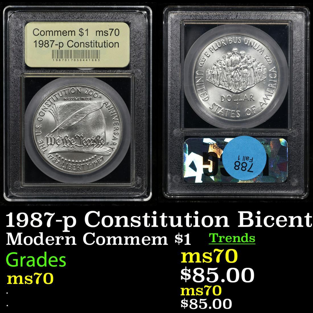 1987-p Constitution Bicentennial Modern Commem Dollar $1 Graded ms70, Perfection By USCG (1 of 3)