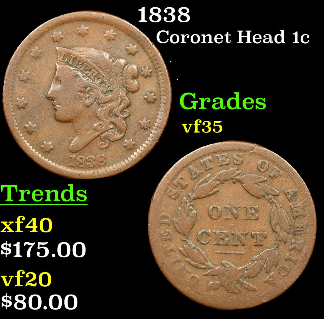 1838 Coronet Head Large Cent 1c Grades vf++ (1 of 3)