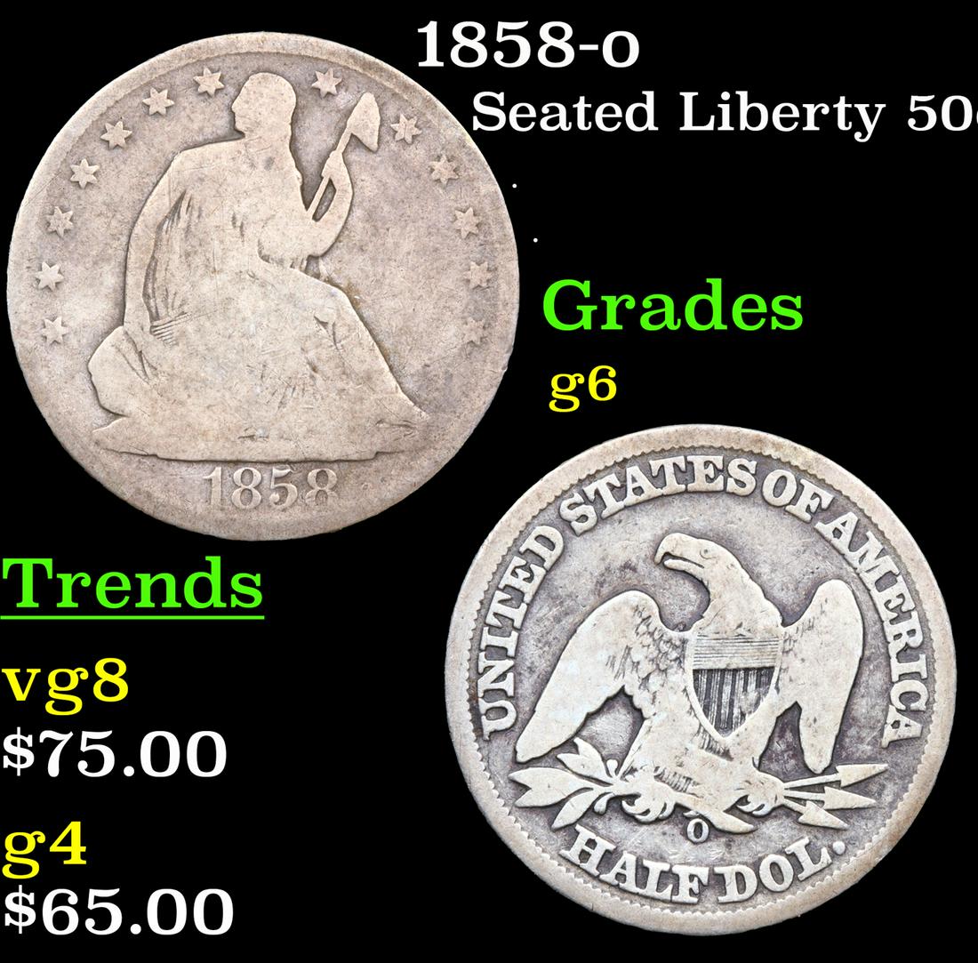 1858-o Seated Half Dollar 50c Grades g+ (1 of 3)