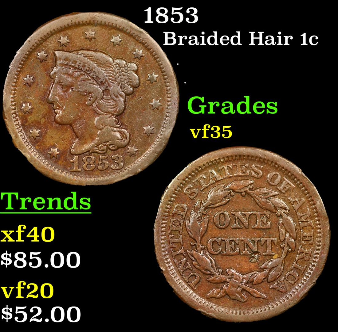 1853 Braided Hair Large Cent 1c Grades vf++ (1 of 3)
