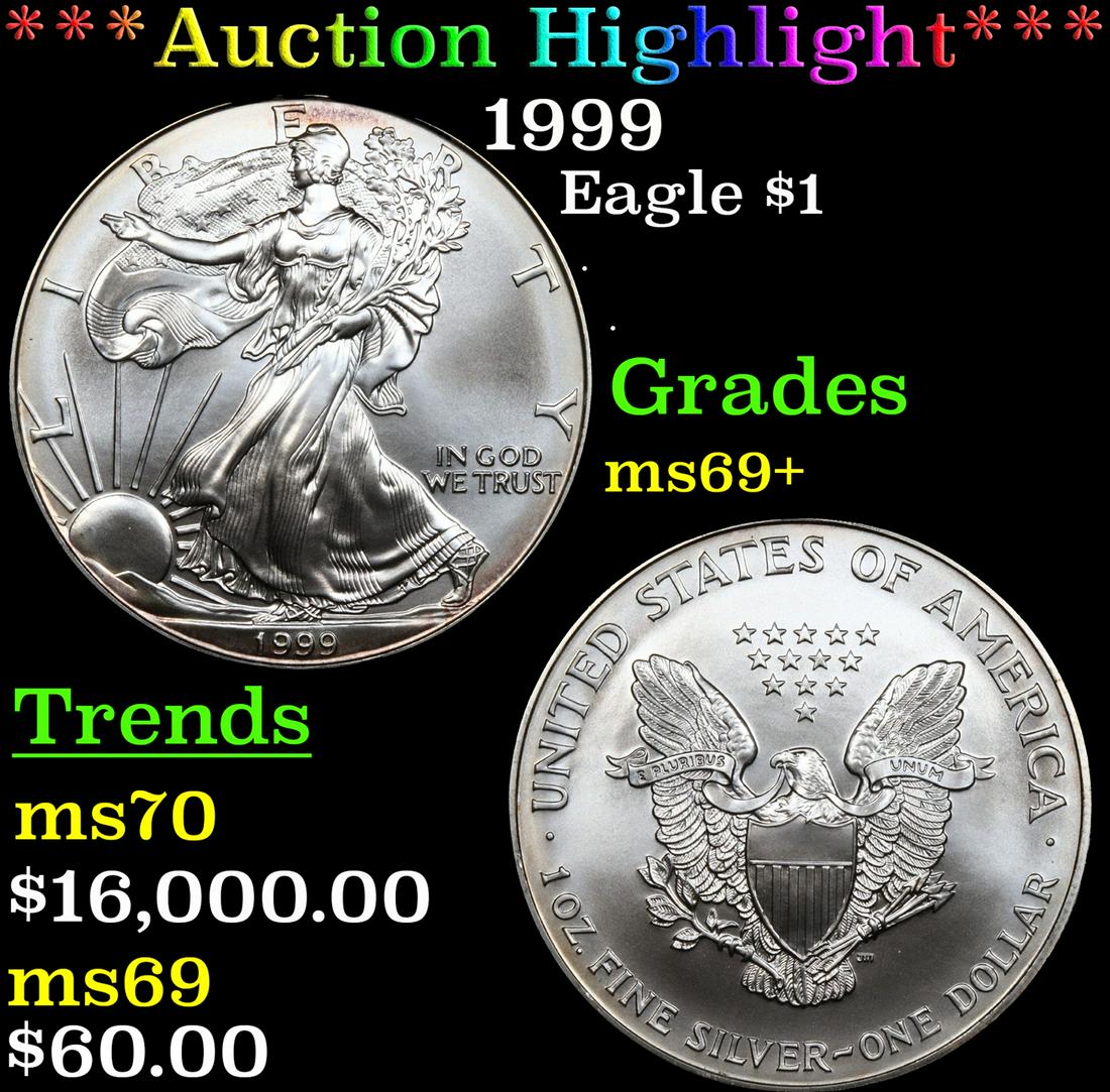 ***Auction Highlight*** 1999 Silver Eagle Dollar $1 Graded ms69+ By SEGS (fc) (1 of 3)