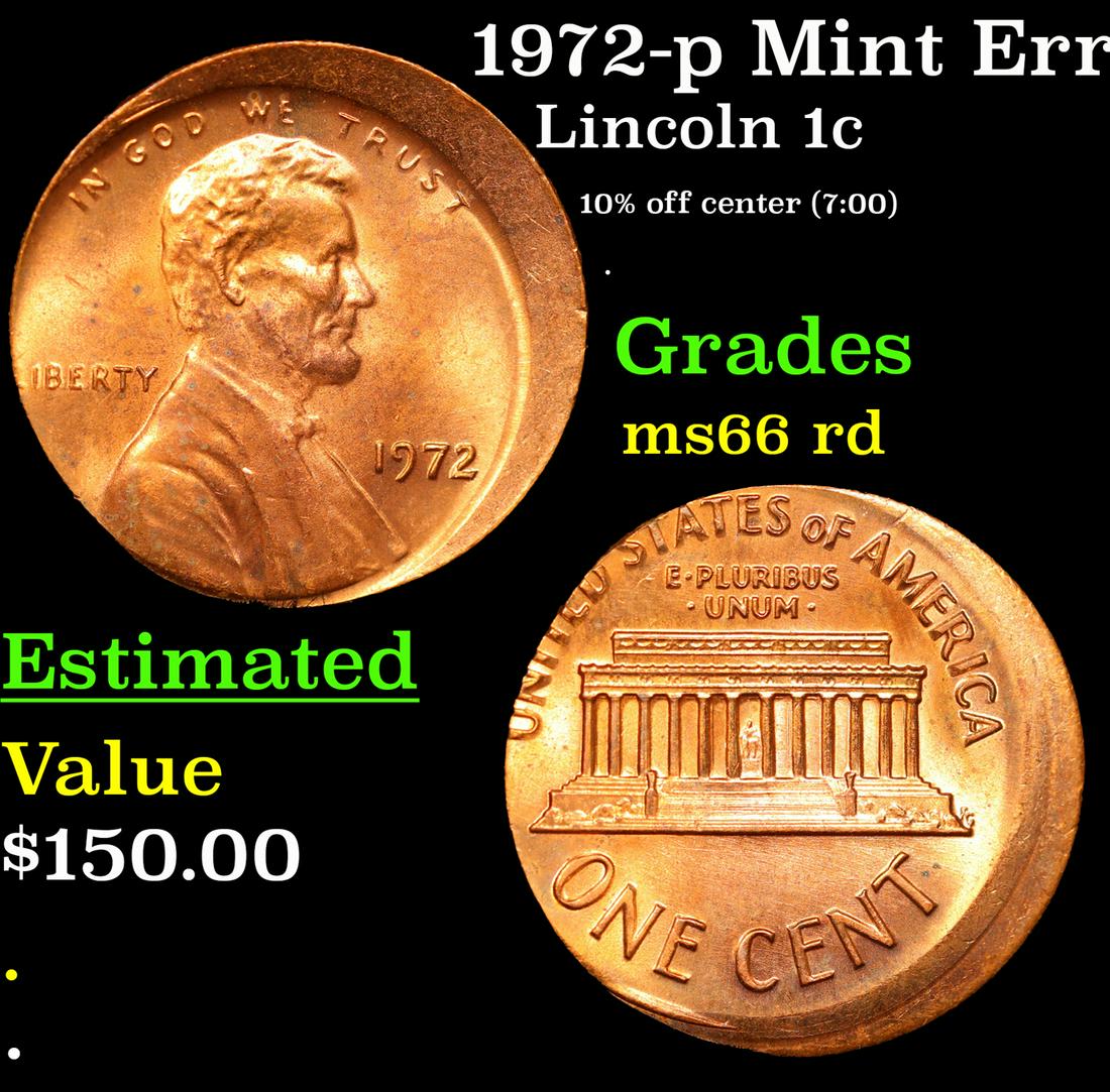 1972-p Lincoln Cent Mint Error 1c Grades GEM+ Unc RD (1 of 3)