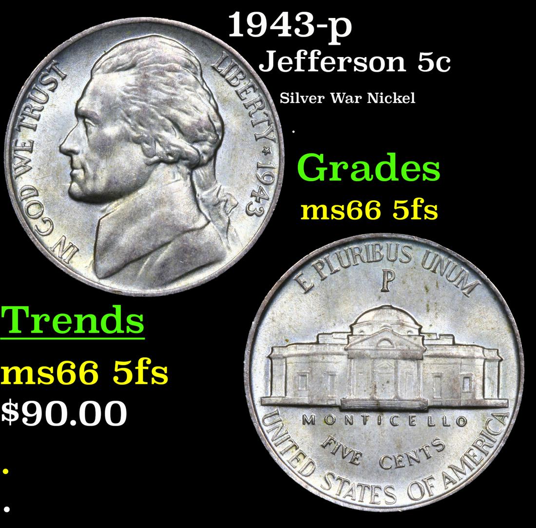 1943-p Jefferson Nickel 5c Grades GEM+ 5fs (1 of 3)
