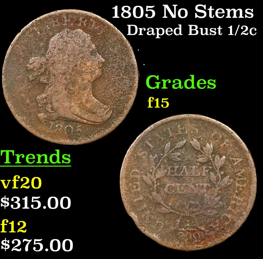 1805 No Stems Draped Bust Half Cent 1/2c Grades f+ (1 of 3)