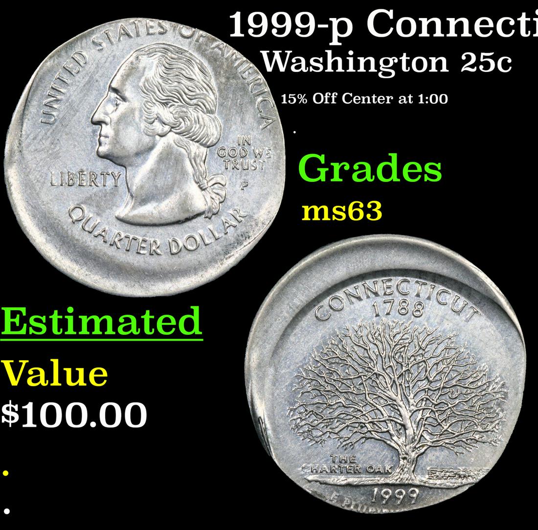 1999-p Connecticut Washington Quarter Mint Error 25c Graded ms63 By SEGS (1 of 3)
