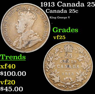 1913 Canada 25 Cents 25c KM-24 Grades vf+: 1913 Canada 25 Cents 25c KM-24 Grades vf+. King George V (George Frederick Ernest Albert; 3 June 1865 – 20 January 1936) was King of the United Kingdom and the British Dominions, and Emperor of