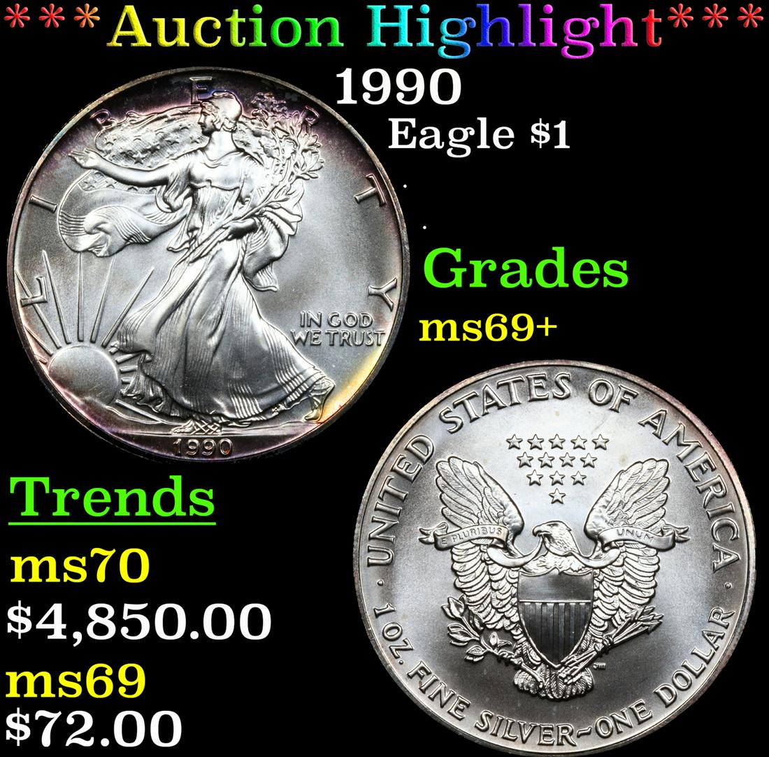 ***Auction Highlight*** 1990 Silver Eagle Dollar $1 Graded ms69+ By SEGS (fc) (1 of 3)