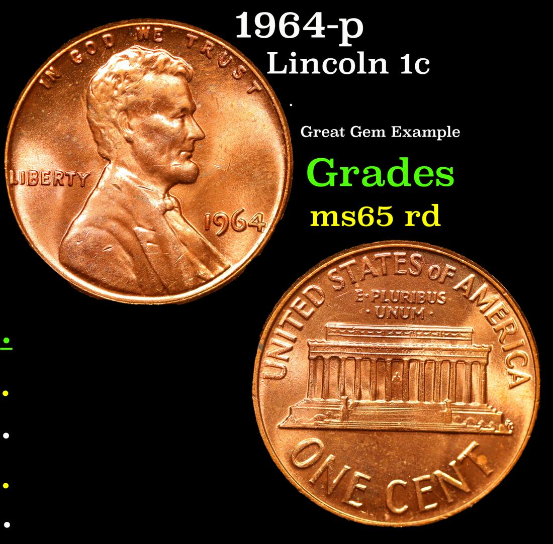 1964-p Lincoln Cent 1c Grades GEM Unc RD (1 of 3)