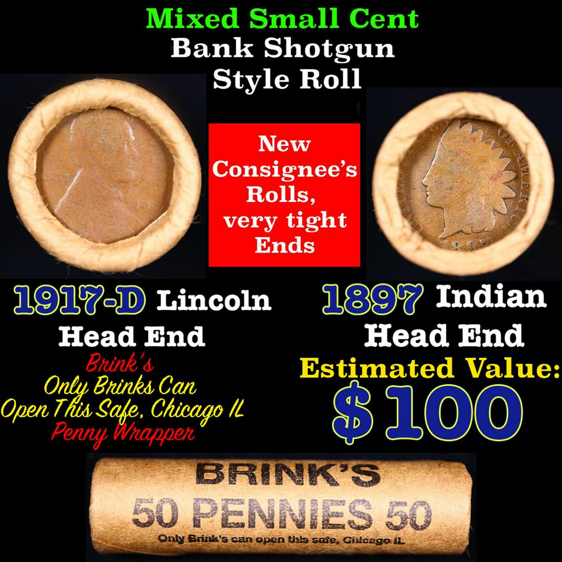 Mixed small cents 1c orig shotgun roll, 1917-d Wheat Cent, 1897 Indian Cent other end, brinks W (1 of 4)
