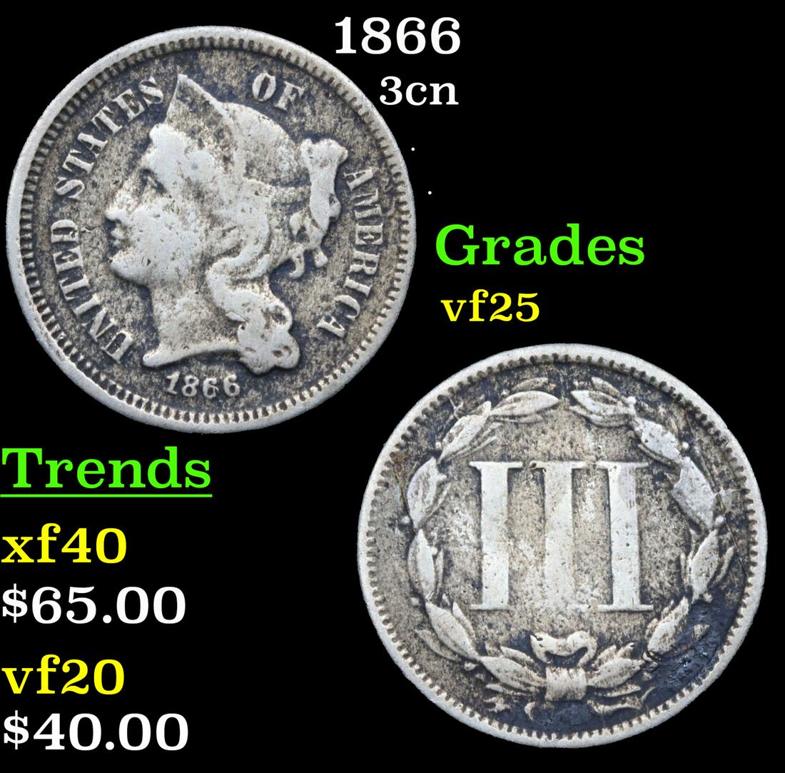 1866 Three Cent Copper Nickel 3cn Grades vf+ (1 of 3)