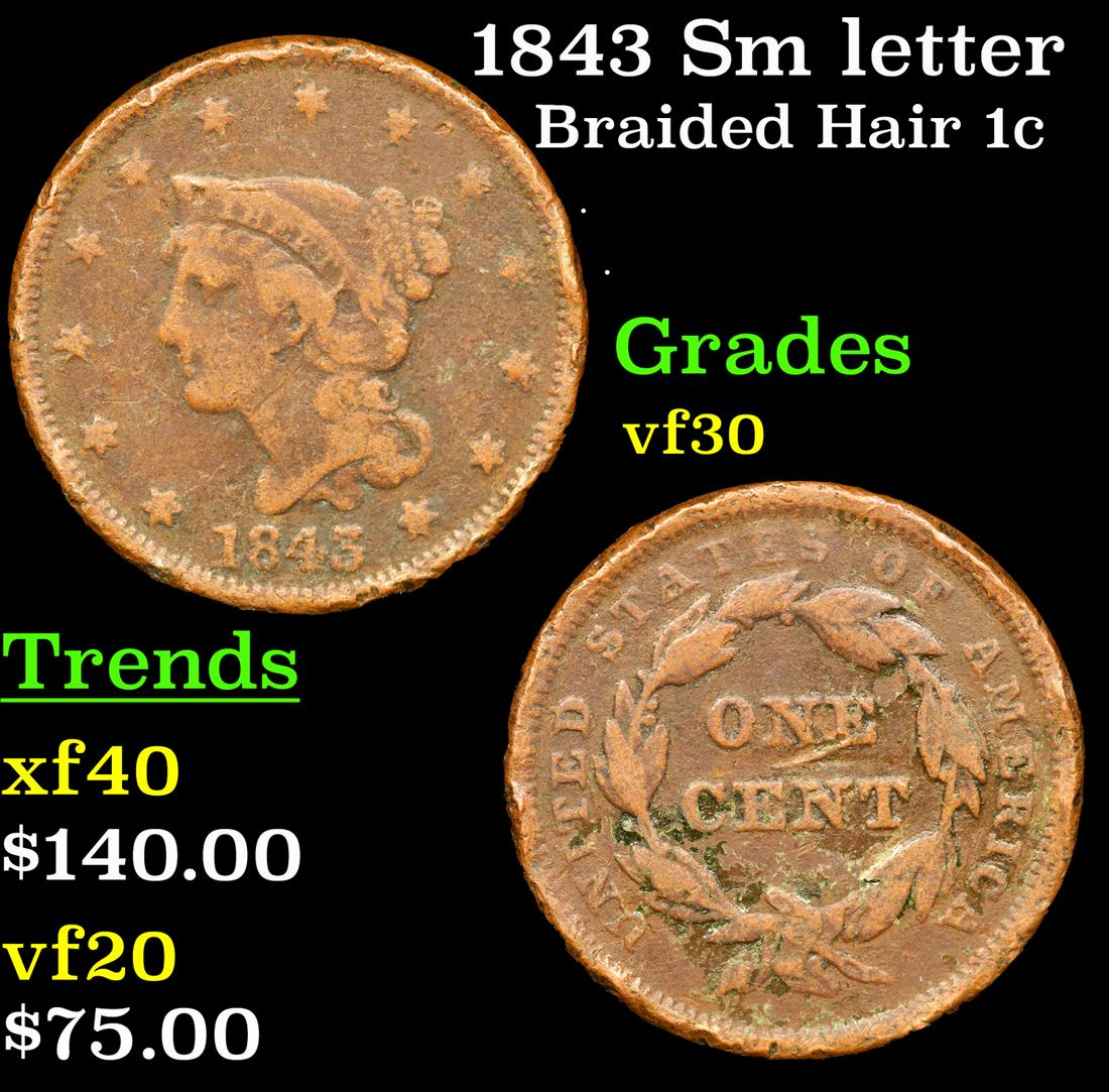 1843 Sm letter Braided Hair Large Cent 1c Grades vf++ (1 of 3)