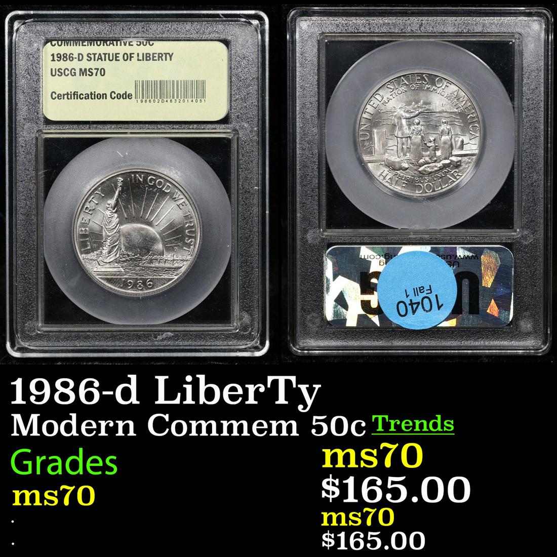 1986-d LiberTy Modern Commem Half Dollar 50c Graded ms70, Perfection By USCG (1 of 3)