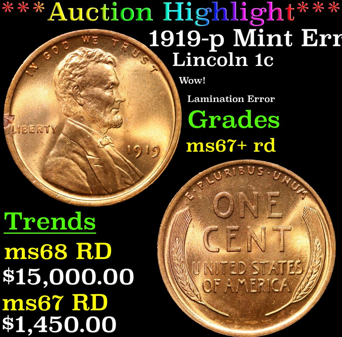 ***Auction Highlight*** 1919-p Lincoln Cent Mint Error 1c Graded ms67+ rd By SEGS (fc) (1 of 3)