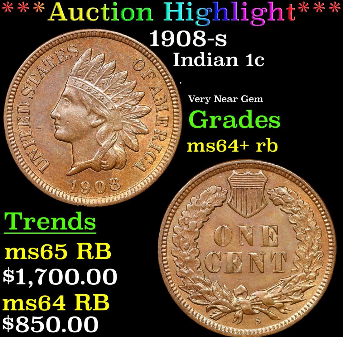 ***Auction Highlight*** 1908-s Indian Cent 1c Graded Choice+ Unc RB By USCG (fc) (1 of 3)