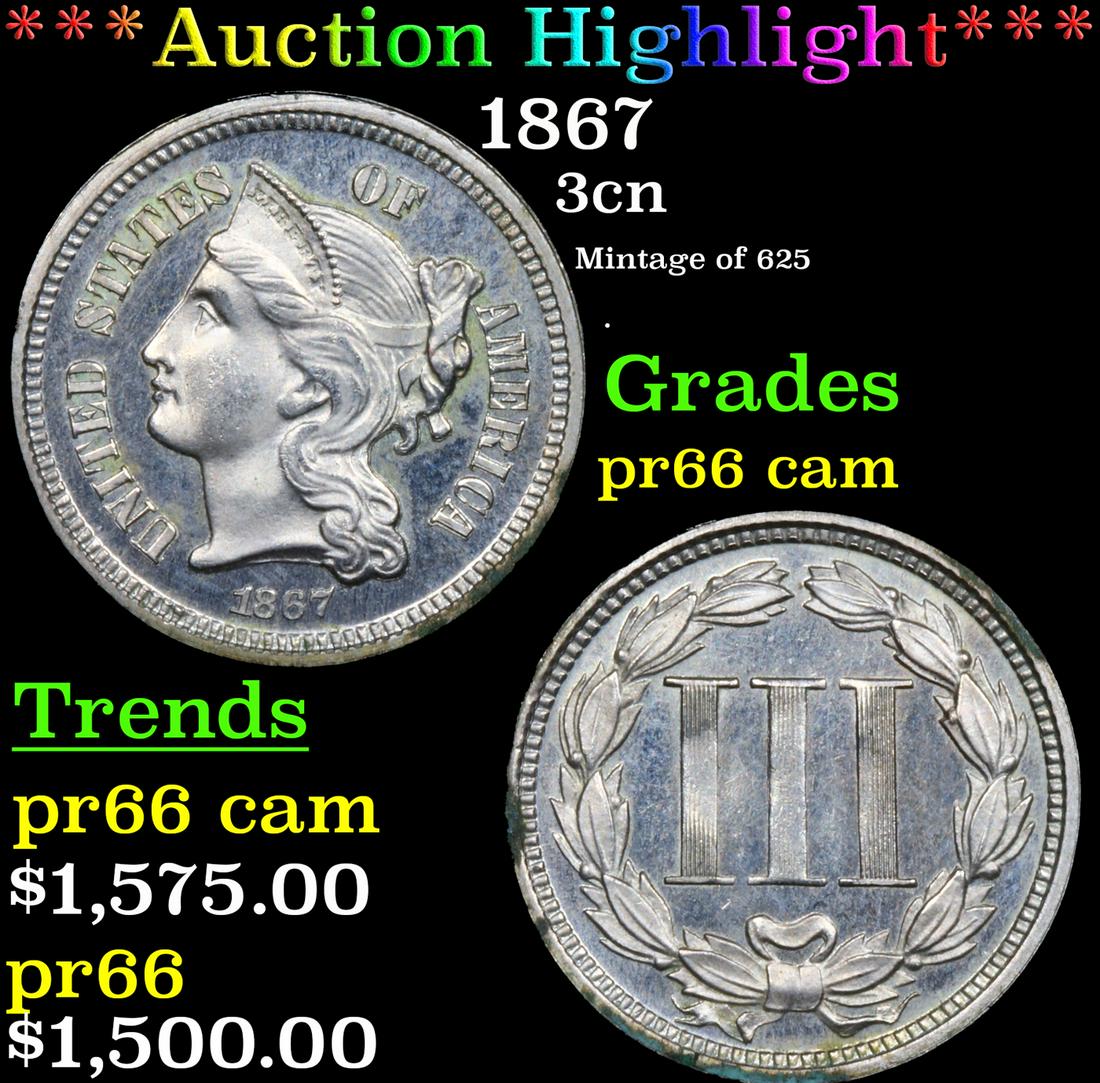 Proof ***Auction Highlight*** 1867 Three Cent Copper Nickel 3cn Graded pr66 cam By SEGS (fc) (1 of 5)