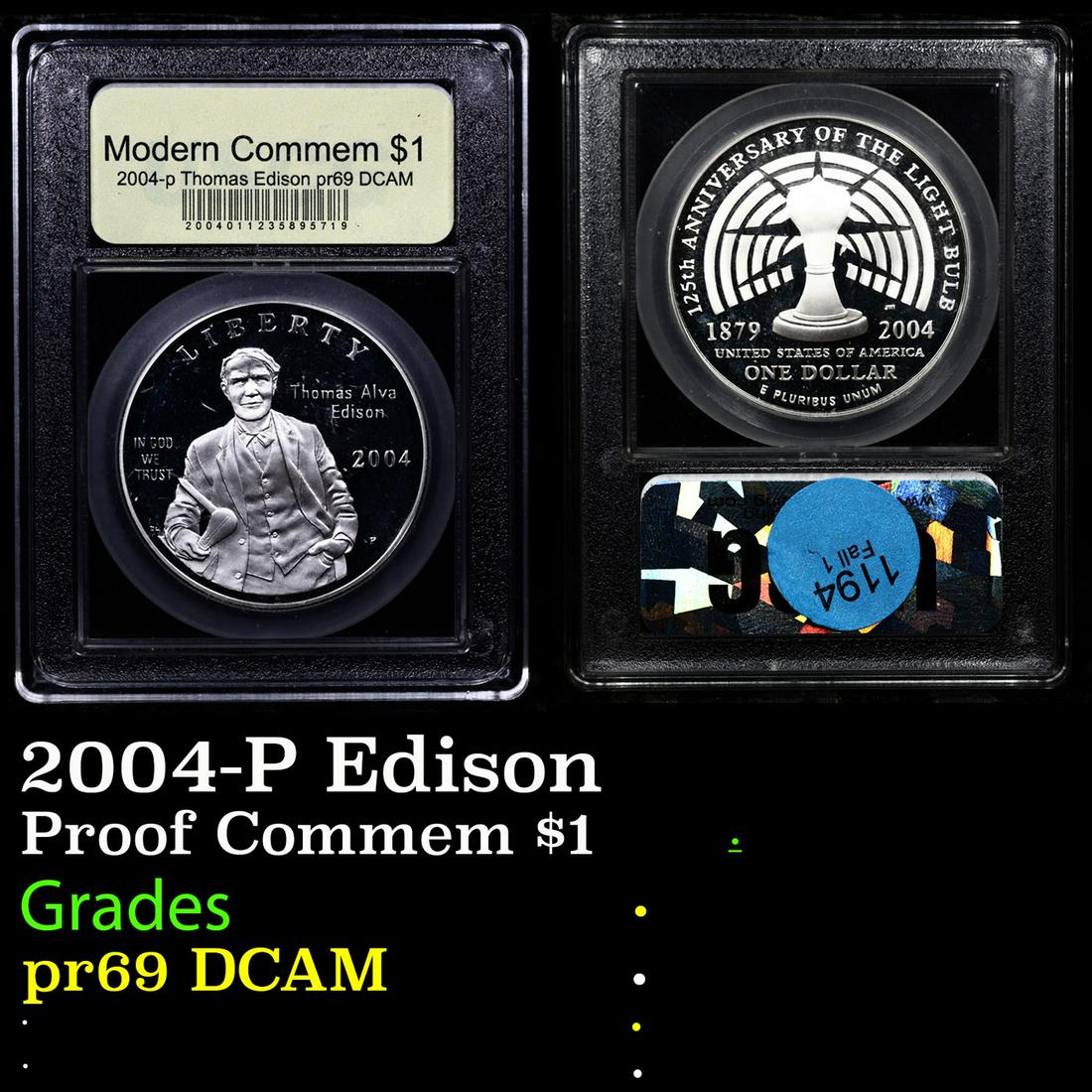 Proof 2004-P Edison Modern Commem Dollar $1 Graded GEM++ Proof Deep Cameo By USCG (1 of 3)