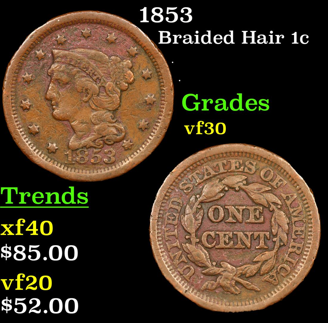 1853 Braided Hair Large Cent 1c Grades vf++ (1 of 3)
