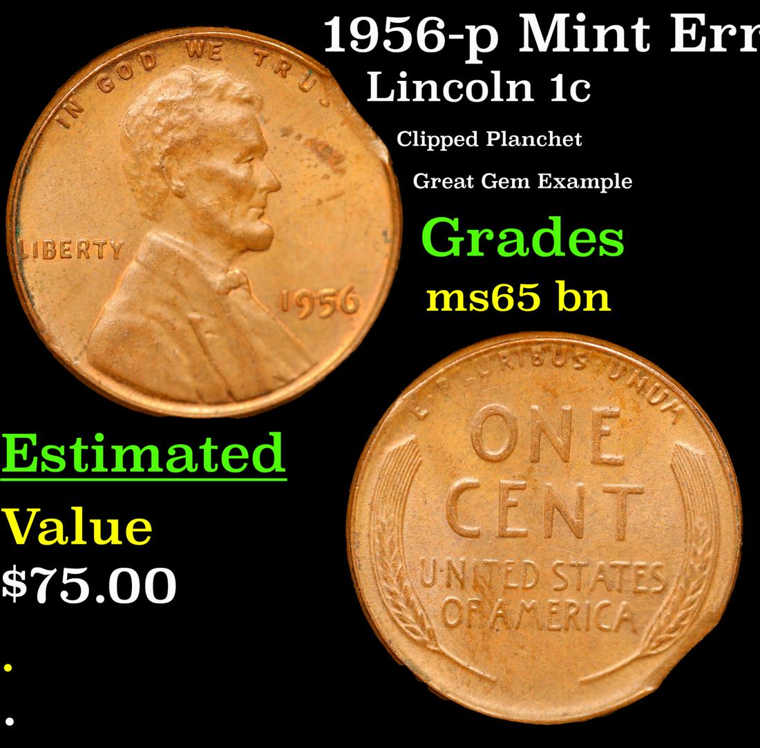 1956-p Lincoln Cent Mint Error 1c Grades GEM Unc BN (1 of 3)