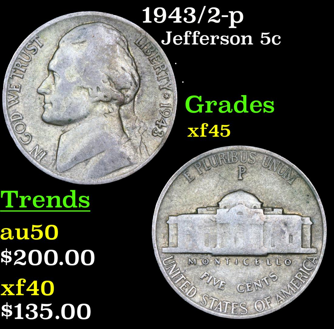 1943/2-p Jefferson Nickel 5c Grades xf+ (1 of 3)