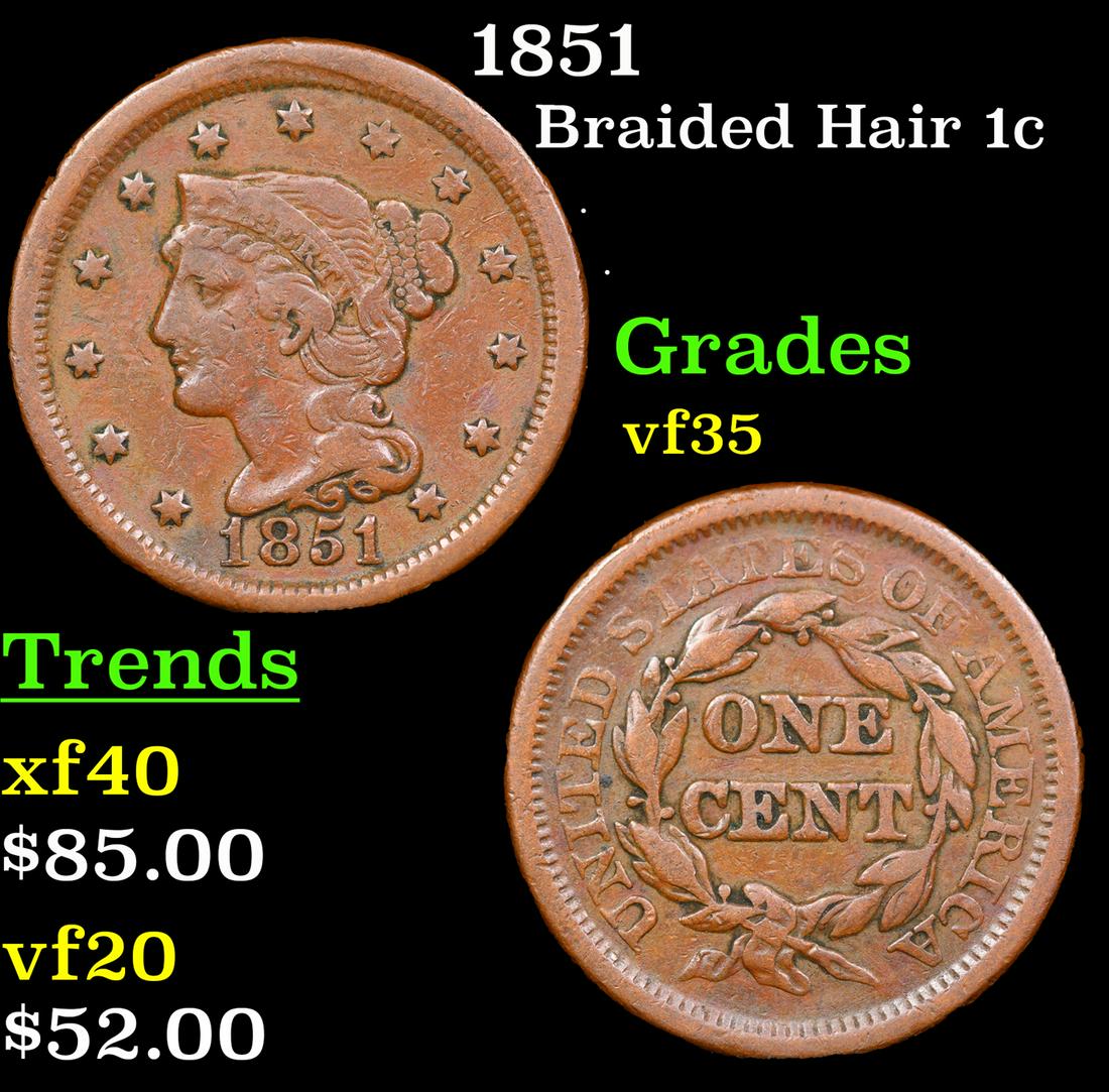 1851 Braided Hair Large Cent 1c Grades vf++ (1 of 3)