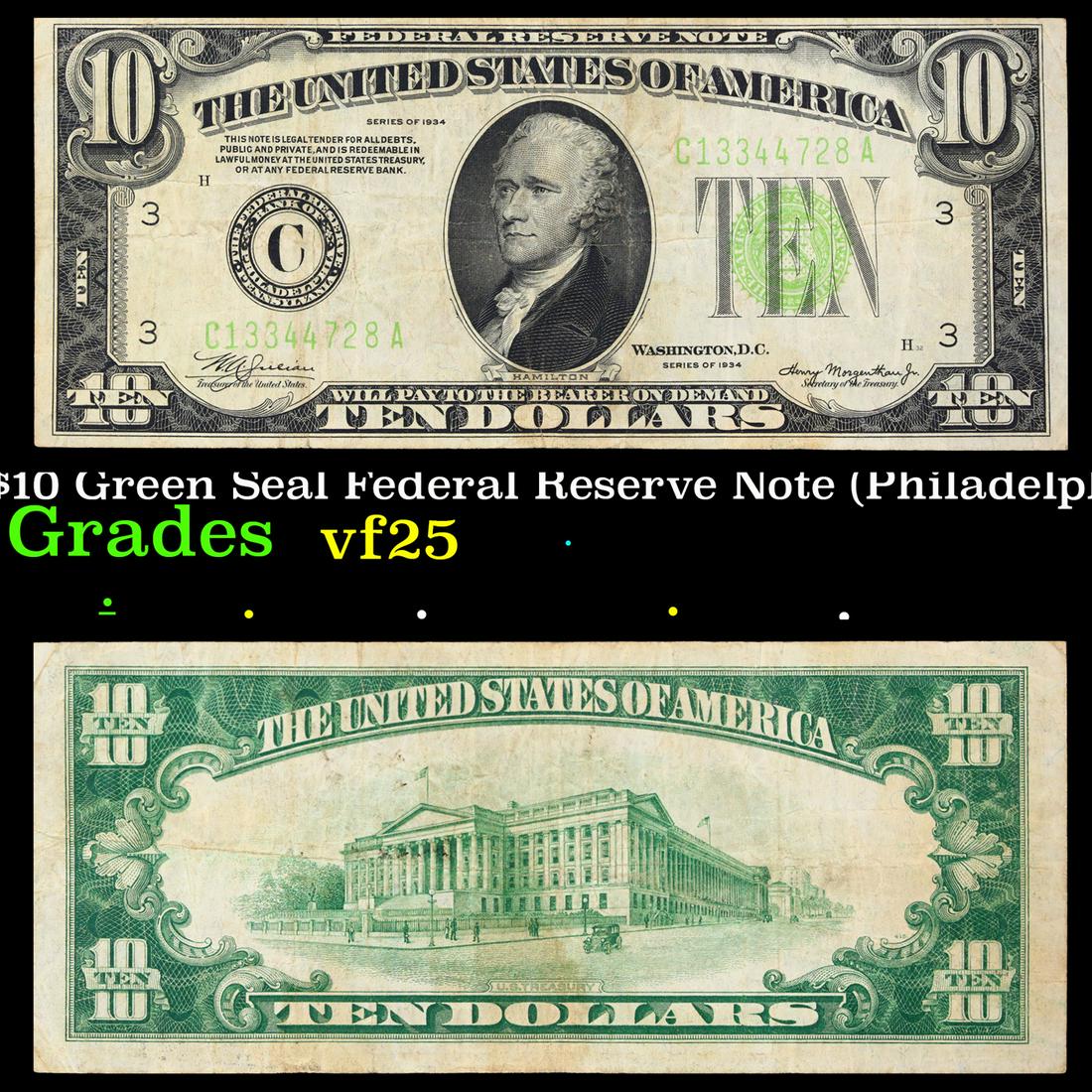 1934 $10 Green Seal Federal Reserve Note (Philadelphia, PA) Grades vf+ (1 of 3)
