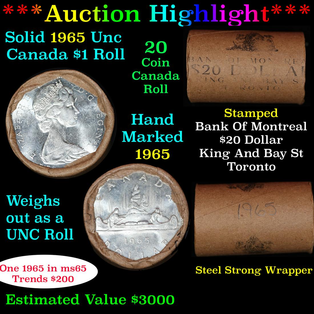 Full Roll of Silver 1965 Canadian Dollar with Queen Elizabeth II, 20 Coins in total. (1 of 5)