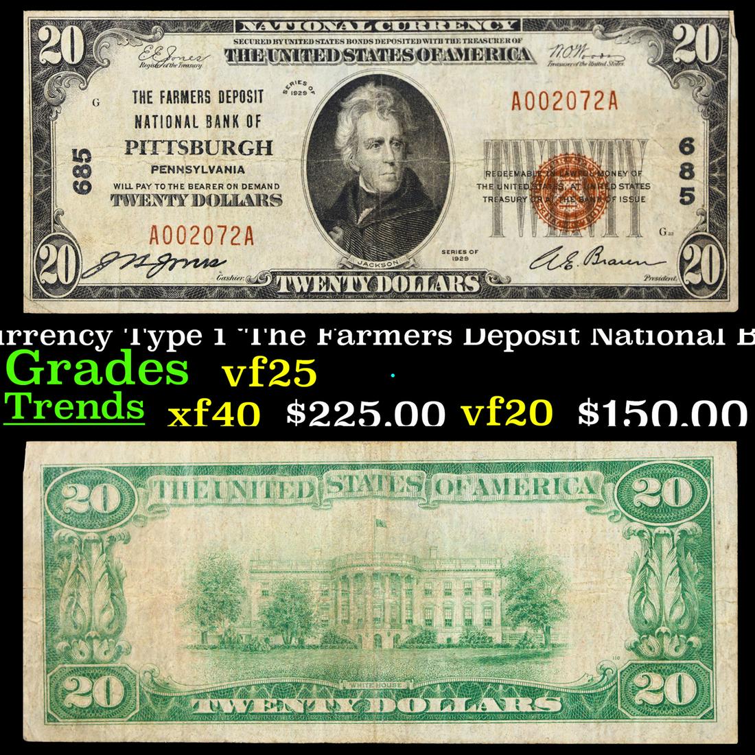 1929 $20 National Currency Type 1 'The Farmers Deposit National Bank Of Pittsburgh, PA' Grades vf+ (1 of 3)