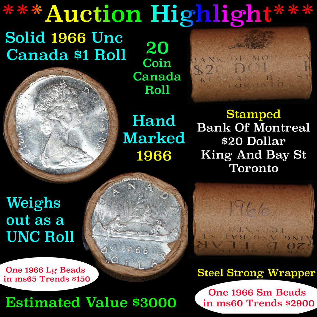 Full Roll of Silver 1966 Canadian Dollar with Queen Elizabeth II, 20 Coins in total. (1 of 5)