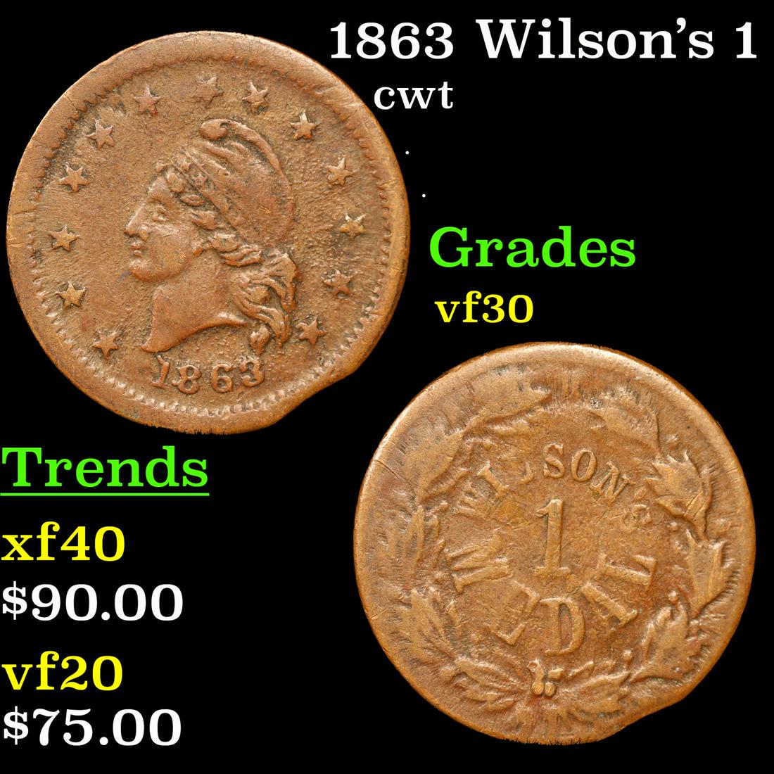 1863 Wilson's 1 Medal Civil War Token Fr-19/396a 1c Grades vf++ (1 of 3)